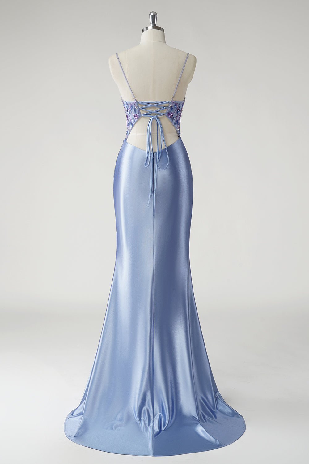 Sparkly Blue Mermaid Satin Floral Beaded Long Prom Dress with Slit