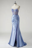 Sparkly Blue Mermaid Satin Floral Beaded Long Prom Dress with Slit