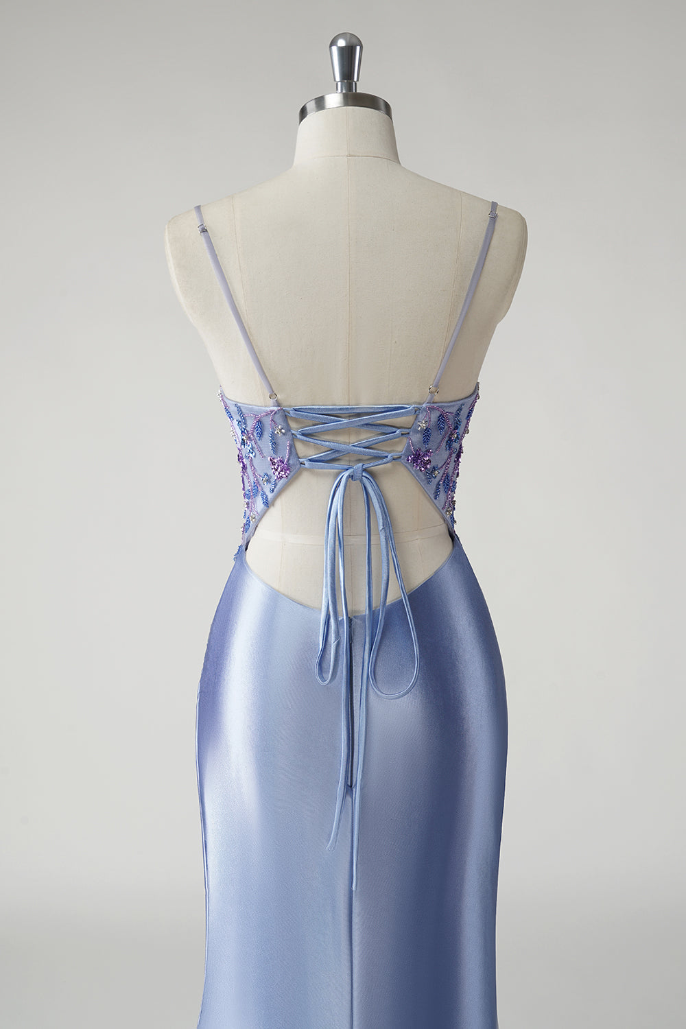 Sparkly Blue Mermaid Satin Floral Beaded Long Prom Dress with Slit