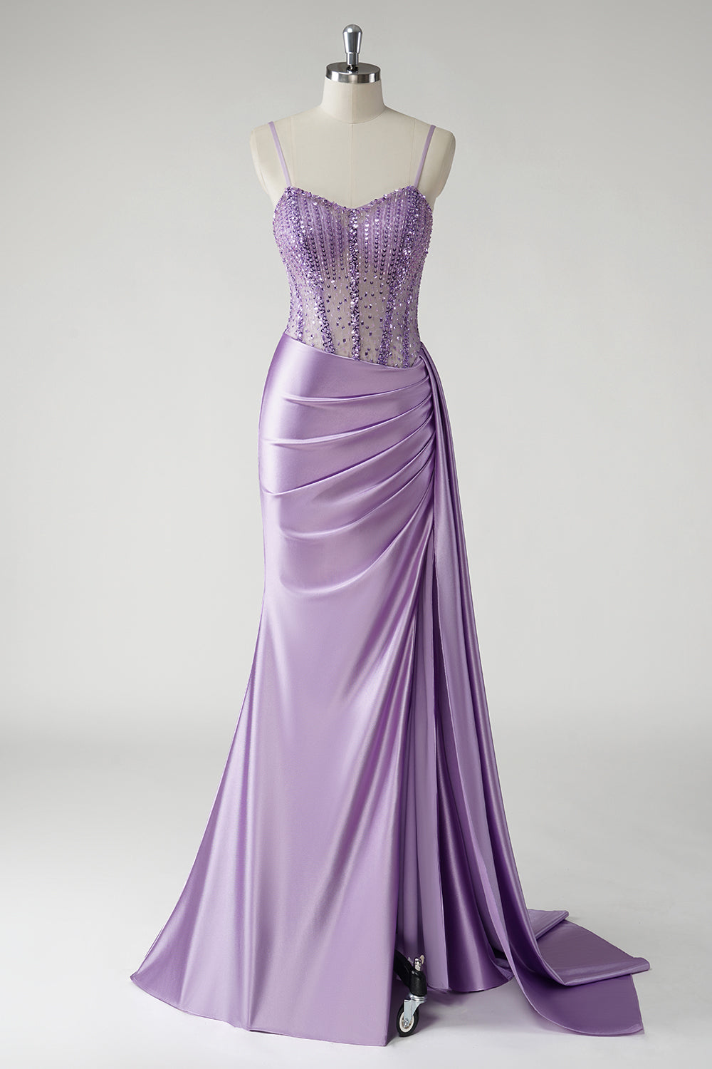 Sparkly Purple Sequins Ruched Corset Side Cape Satin Long Prom Dress with Slit