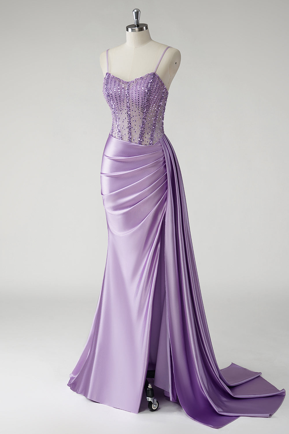 Sparkly Purple Sequins Ruched Corset Side Cape Satin Long Prom Dress with Slit