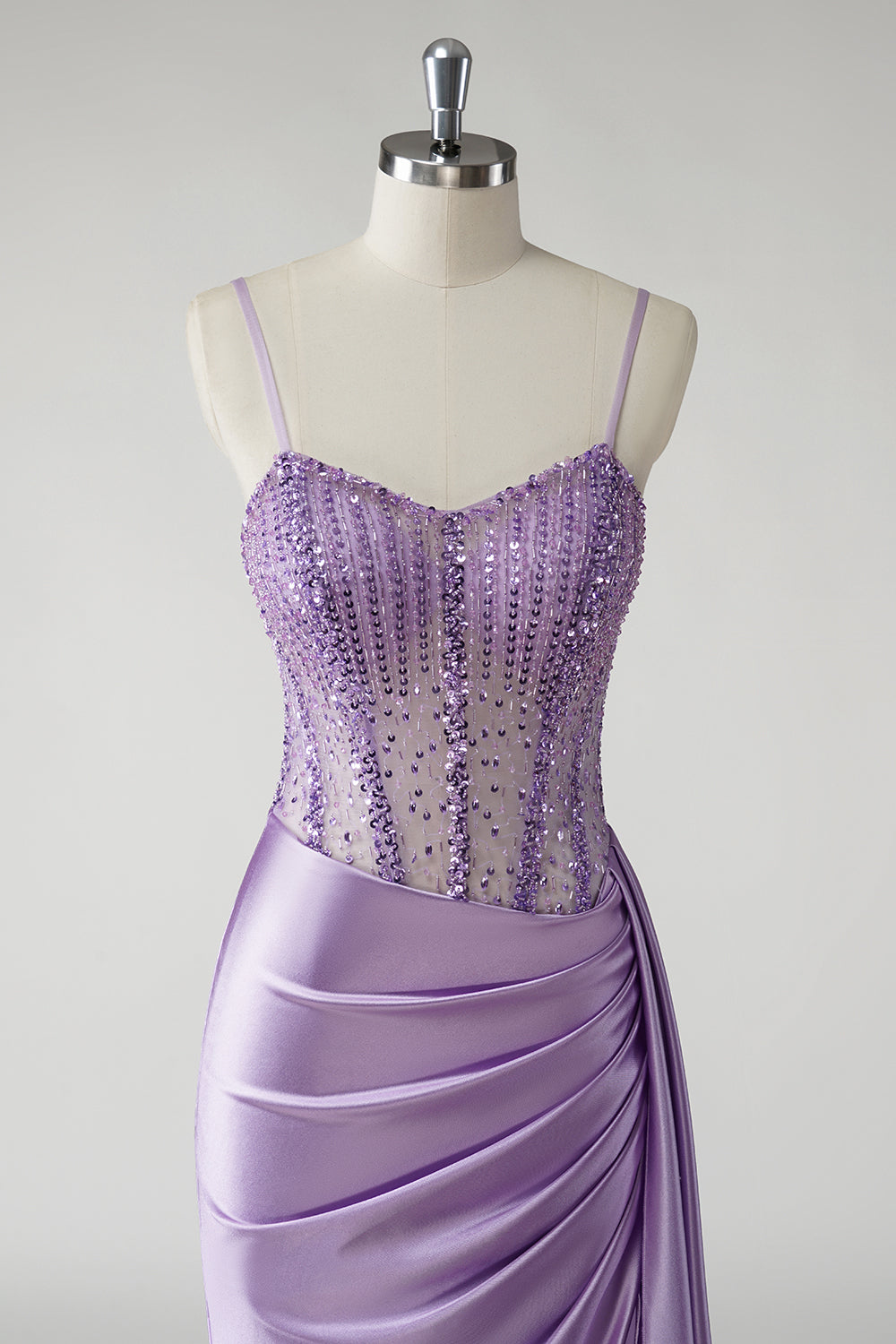 Sparkly Purple Sequins Ruched Corset Side Cape Satin Long Prom Dress with Slit