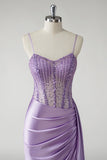 Sparkly Purple Sequins Ruched Corset Side Cape Satin Long Prom Dress with Slit