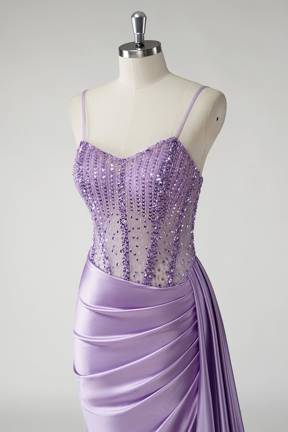 Sparkly Purple Sequins Ruched Corset Side Cape Satin Long Prom Dress with Slit