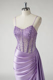 Sparkly Purple Sequins Ruched Corset Side Cape Satin Long Prom Dress with Slit