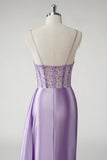 Sparkly Purple Sequins Ruched Corset Side Cape Satin Long Prom Dress with Slit