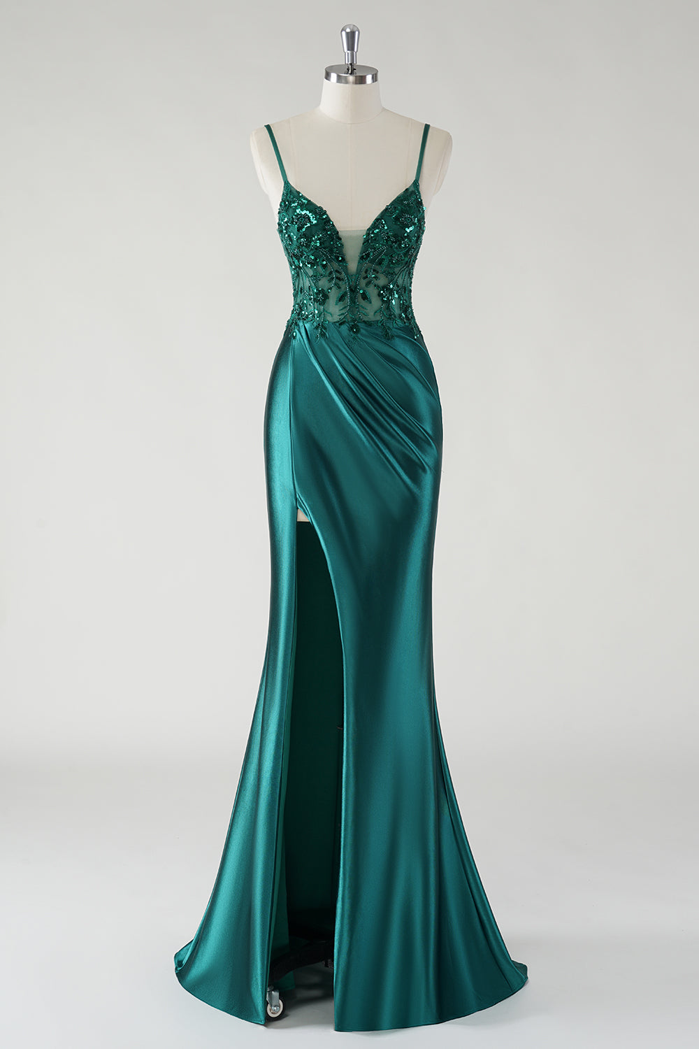 Sparkly Dark Green Mermaid Spaghetti Straps Prom Dress with Slit