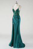 Sparkly Dark Green Mermaid Spaghetti Straps Prom Dress with Slit