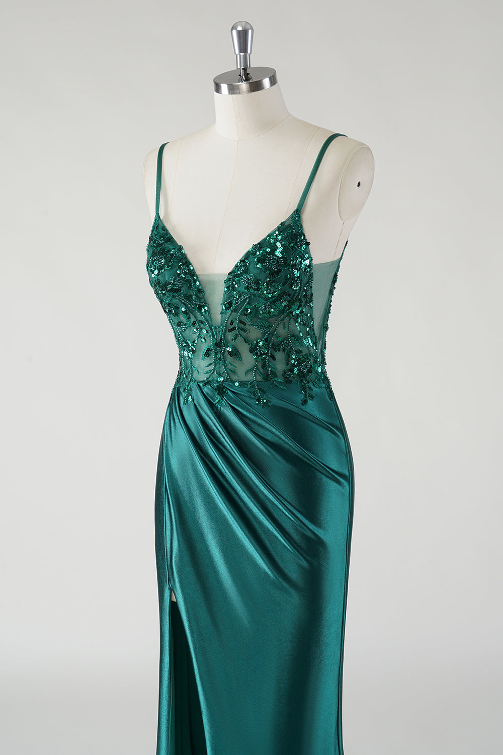 Sparkly Dark Green Mermaid Spaghetti Straps Prom Dress with Slit