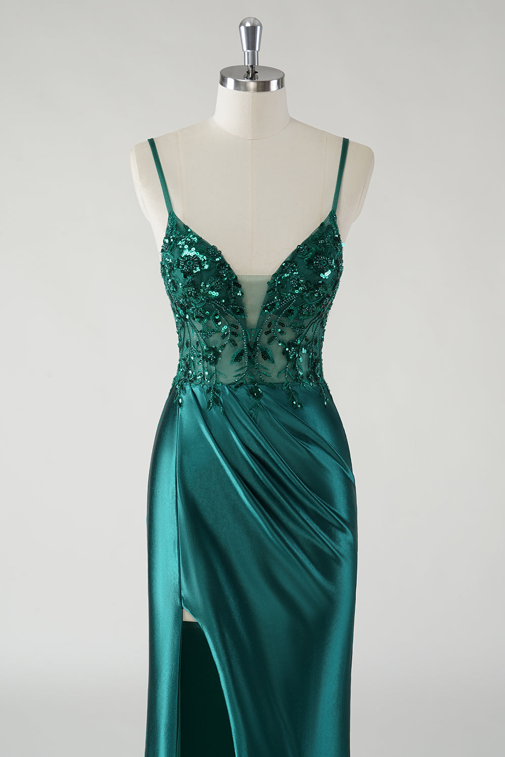 Sparkly Dark Green Mermaid Spaghetti Straps Prom Dress with Slit