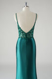Sparkly Dark Green Mermaid Spaghetti Straps Prom Dress with Slit