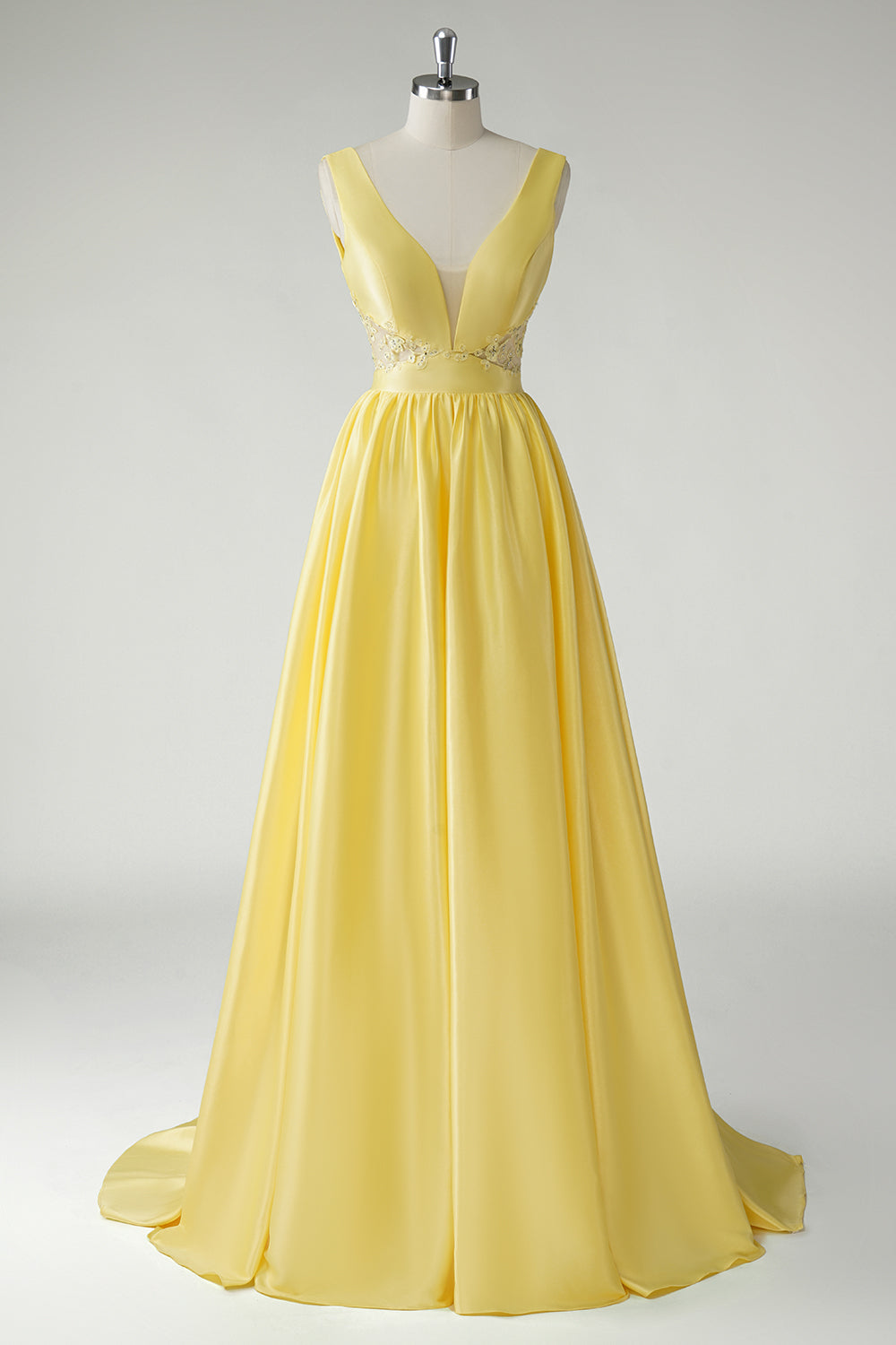 Yellow A Line Deep V-Neck Sequins Long Prom Dress