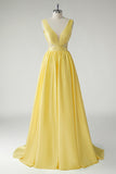 Yellow A Line Deep V-Neck Sequins Long Prom Dress