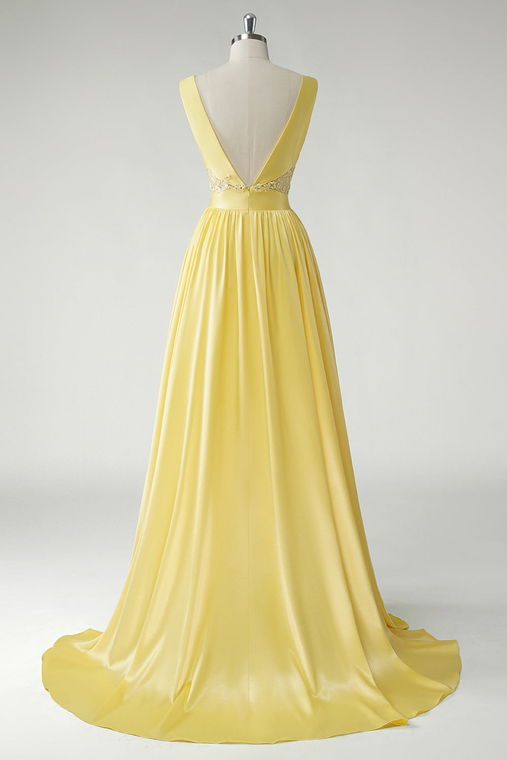 Yellow A Line Deep V-Neck Sequins Long Prom Dress