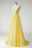 Yellow A Line Deep V-Neck Sequins Long Prom Dress