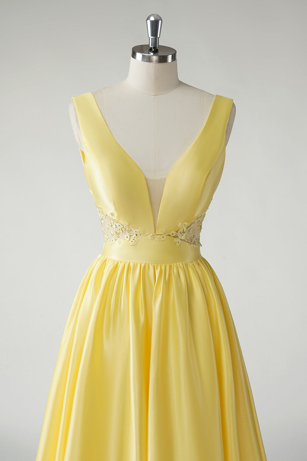 Yellow A Line Deep V-Neck Sequins Long Prom Dress