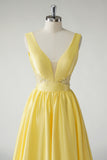 Yellow A Line Deep V-Neck Sequins Long Prom Dress
