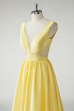 Yellow A Line Deep V-Neck Sequins Long Prom Dress