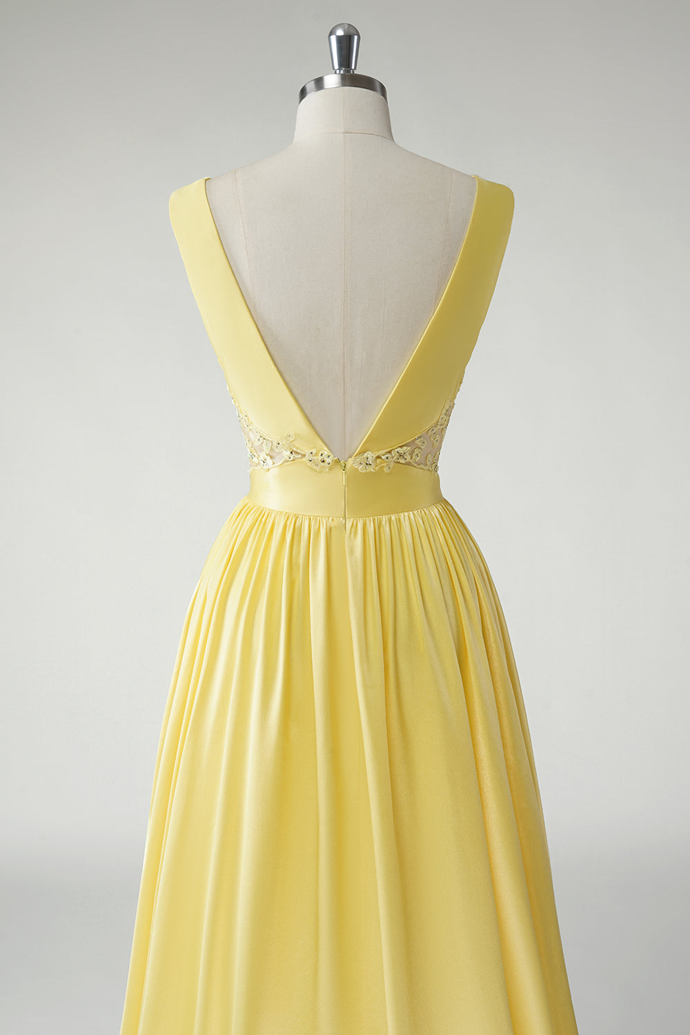 Yellow A Line Deep V-Neck Sequins Long Prom Dress