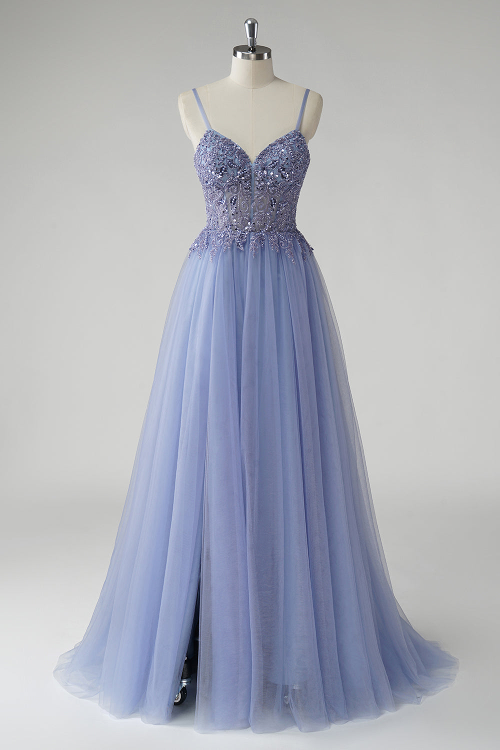 Sparkly Grey Blue A Line Long Beaded Tulle Prom Dress with Slit