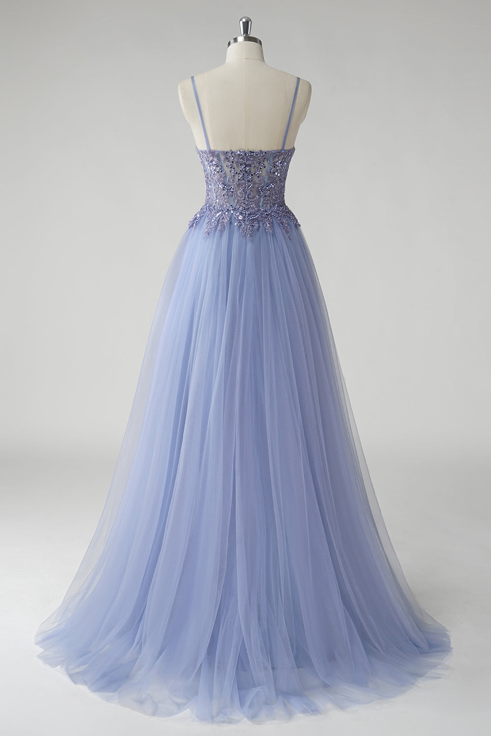 Sparkly Grey Blue A Line Long Beaded Tulle Prom Dress with Slit