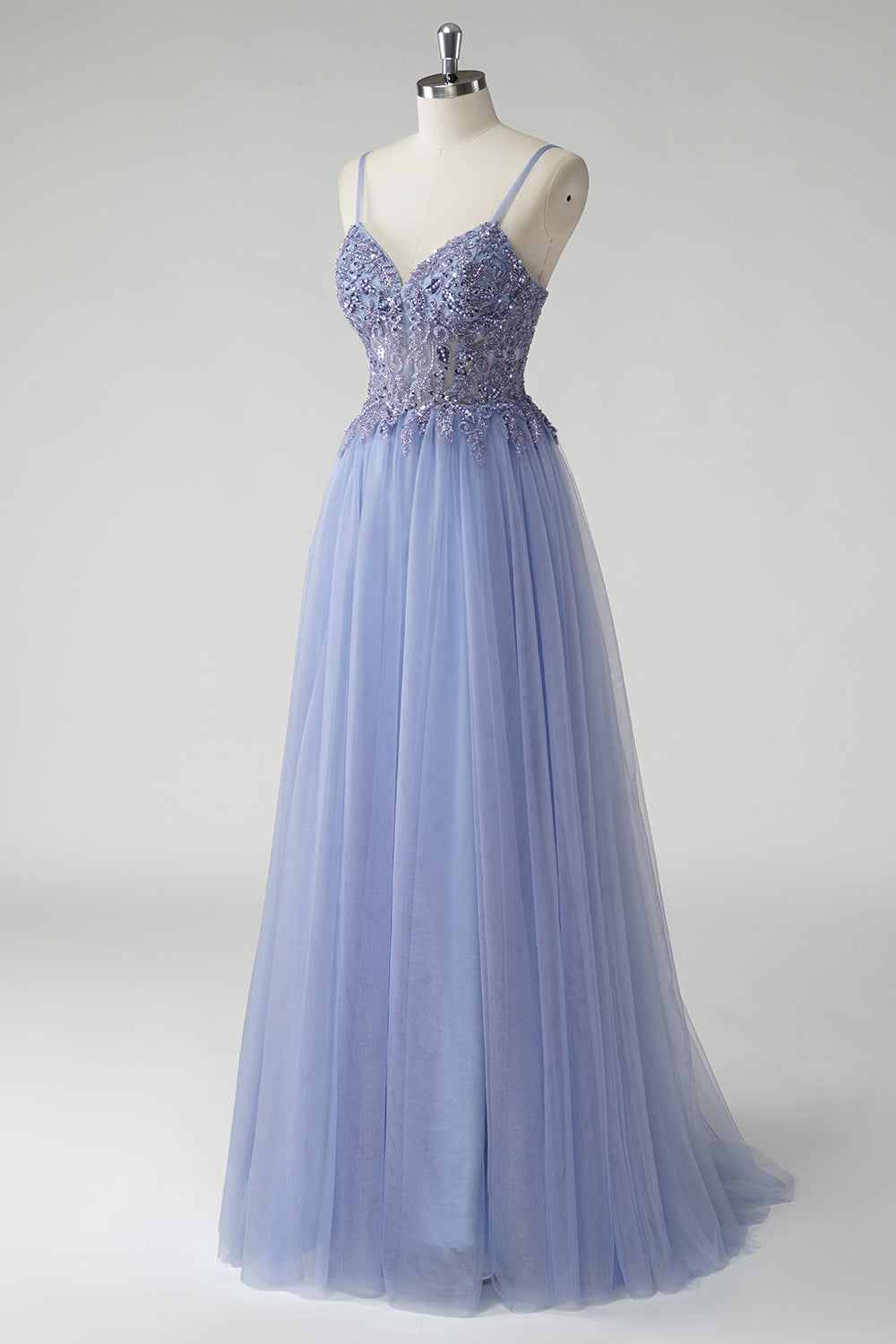 Sparkly Grey Blue A Line Long Beaded Tulle Prom Dress with Slit