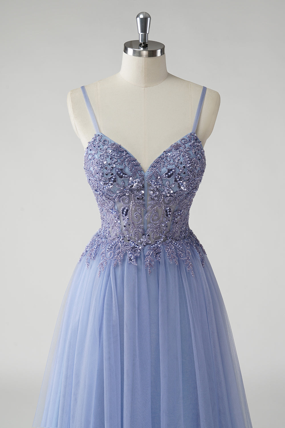 Sparkly Grey Blue A Line Long Beaded Tulle Prom Dress with Slit