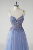 Sparkly Grey Blue A Line Long Beaded Tulle Prom Dress with Slit