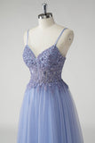 Sparkly Grey Blue A Line Long Beaded Tulle Prom Dress with Slit