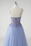 Sparkly Grey Blue A Line Long Beaded Tulle Prom Dress with Slit