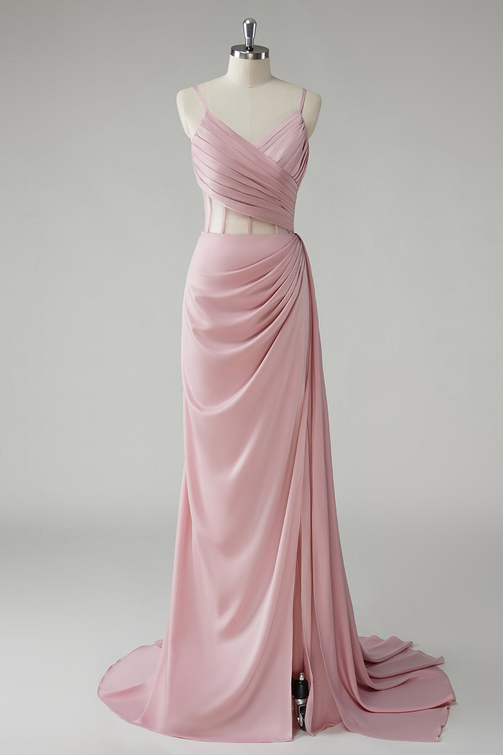 Blush Sheath Spaghetti Straps Corset Pleated Sheath Long Prom Dress