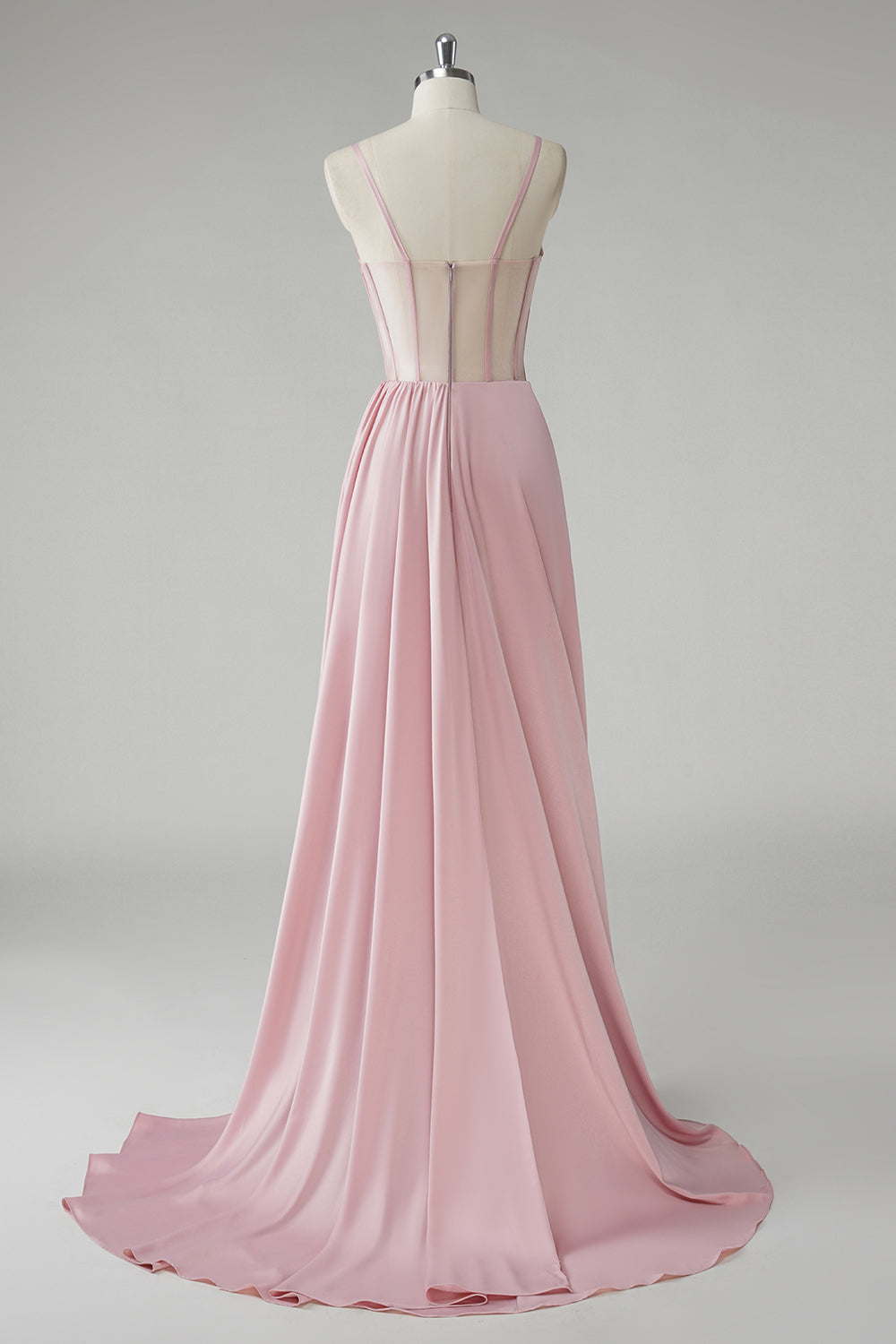 Blush Sheath Spaghetti Straps Corset Pleated Sheath Long Prom Dress
