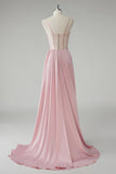 Blush Sheath Spaghetti Straps Corset Pleated Sheath Long Prom Dress