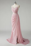 Blush Sheath Spaghetti Straps Corset Pleated Sheath Long Prom Dress