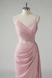 Blush Sheath Spaghetti Straps Corset Pleated Sheath Long Prom Dress