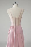 Blush Sheath Spaghetti Straps Corset Pleated Sheath Long Prom Dress