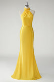 Mermaid Halter Satin Yellow Long Prom Dress