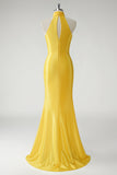 Mermaid Halter Satin Yellow Long Prom Dress