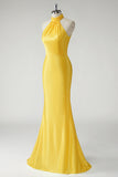 Mermaid Halter Satin Yellow Long Prom Dress