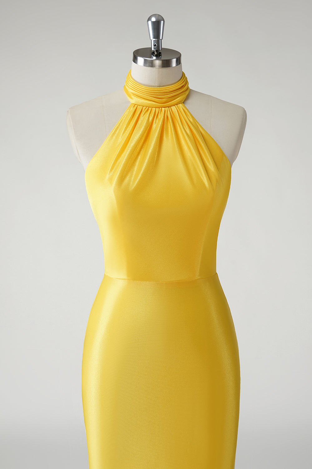 Mermaid Halter Satin Yellow Long Prom Dress