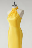 Mermaid Halter Satin Yellow Long Prom Dress