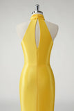 Mermaid Halter Satin Yellow Long Prom Dress