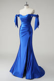 Royal Blue Mermaid Off the Shoulder Pleated Long Prom Dress