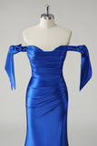 Royal Blue Mermaid Off the Shoulder Pleated Long Prom Dress