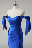 Royal Blue Mermaid Off the Shoulder Pleated Long Prom Dress