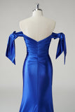 Royal Blue Mermaid Off the Shoulder Pleated Long Prom Dress