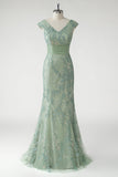 Green Mermaid V-Neck Sequins Cap Sleeves Prom Dress with Appliques