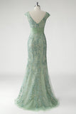 Green Mermaid V-Neck Sequins Cap Sleeves Prom Dress with Appliques