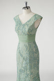 Green Mermaid V-Neck Sequins Cap Sleeves Prom Dress with Appliques