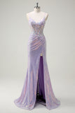 Sparkly Lilac Mermaid Spaghetti Straps Sequin Corset Prom Dress with Slit